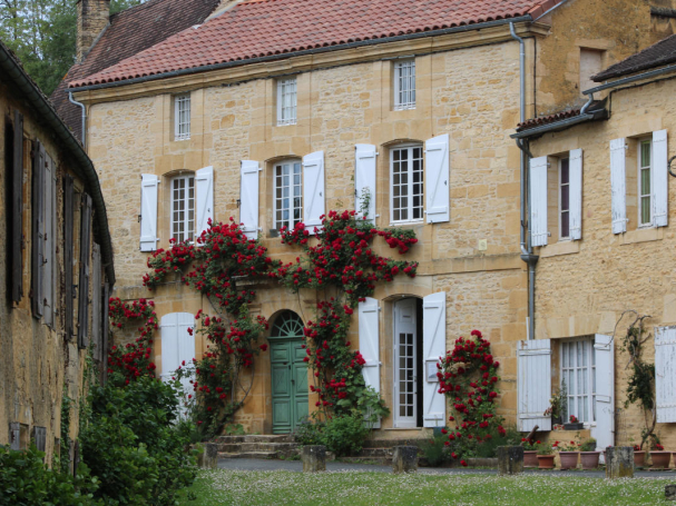 Traditional Périgord golden stone house with climbing roses and white shutters in a historic village of Dordogne, France.