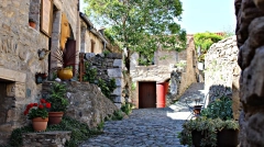 Narrow cobblestone street in the medieval village of Minerve with stone houses, flower pots, and local artisan signage, Hérault, France.