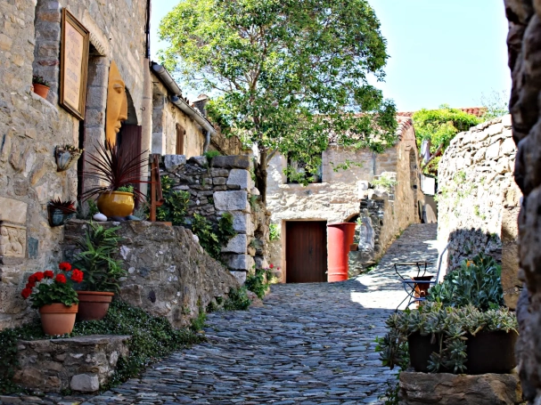 Narrow cobblestone street in the medieval village of Minerve with stone houses, flower pots, and local artisan signage, Hérault, France.