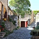 Narrow cobblestone street in the medieval village of Minerve with stone houses, flower pots, and local artisan signage, Hérault, France.