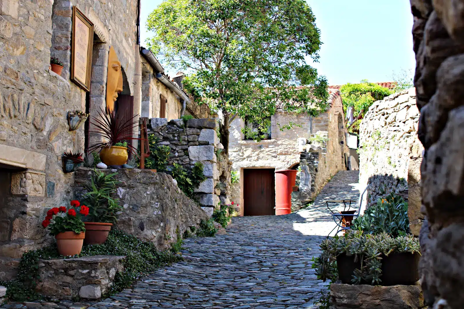 Narrow cobblestone street in the medieval village of Minerve with stone houses, flower pots, and local artisan signage, Hérault, France.