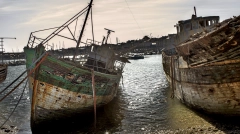 Two weathered wooden shipwrecks at the Camaret-sur-Mer boat graveyard, resting on a pebble beach at low tide under a hazy sky
